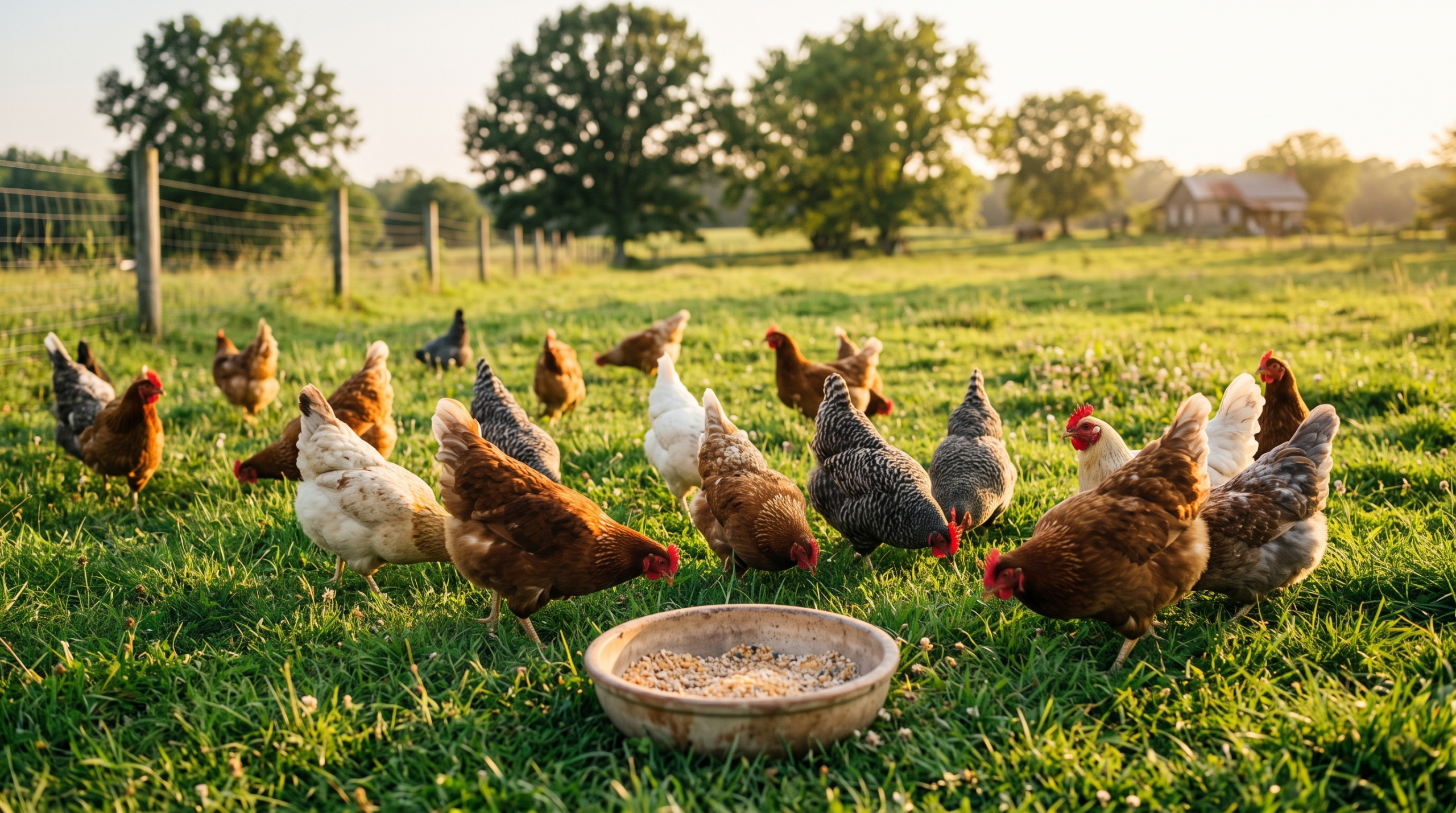 Gallinas de campo libre alimentándose en pastizal