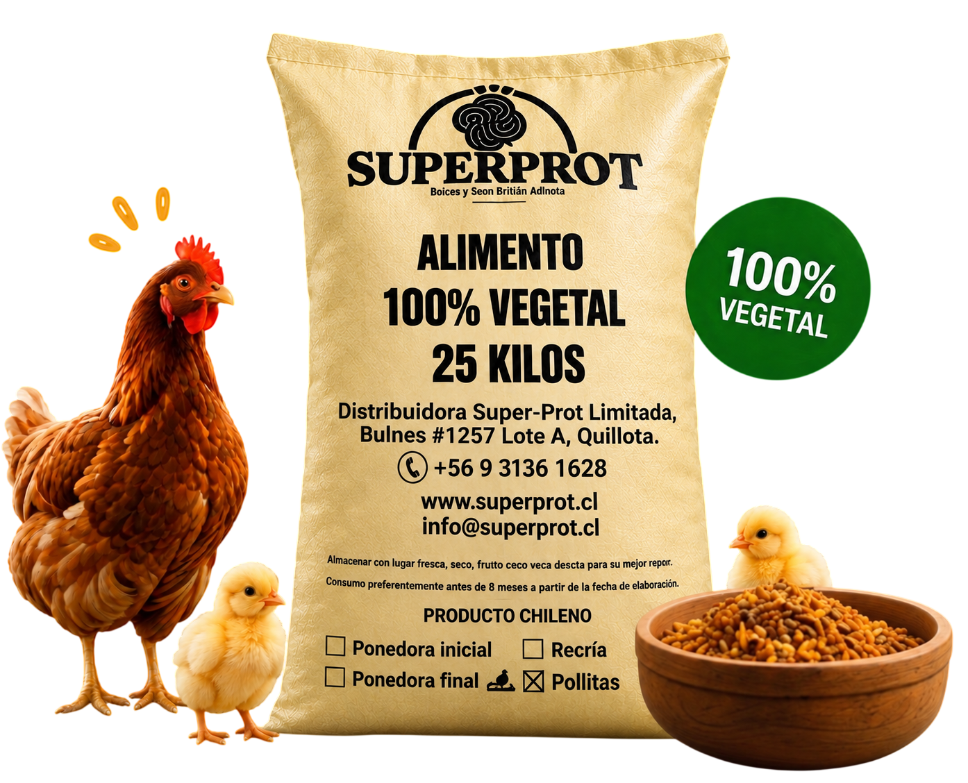 Alimento SuperProt 100% vegetal 25 kilos junto a gallina y pollitos